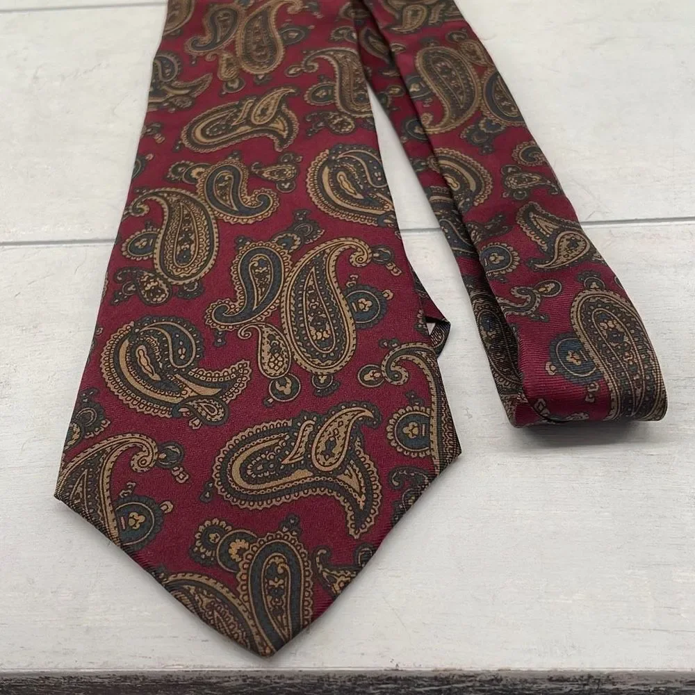 Vintage Mario Valentino Silk Ties For Mens Maroon Midnight Blue Paisley Print US